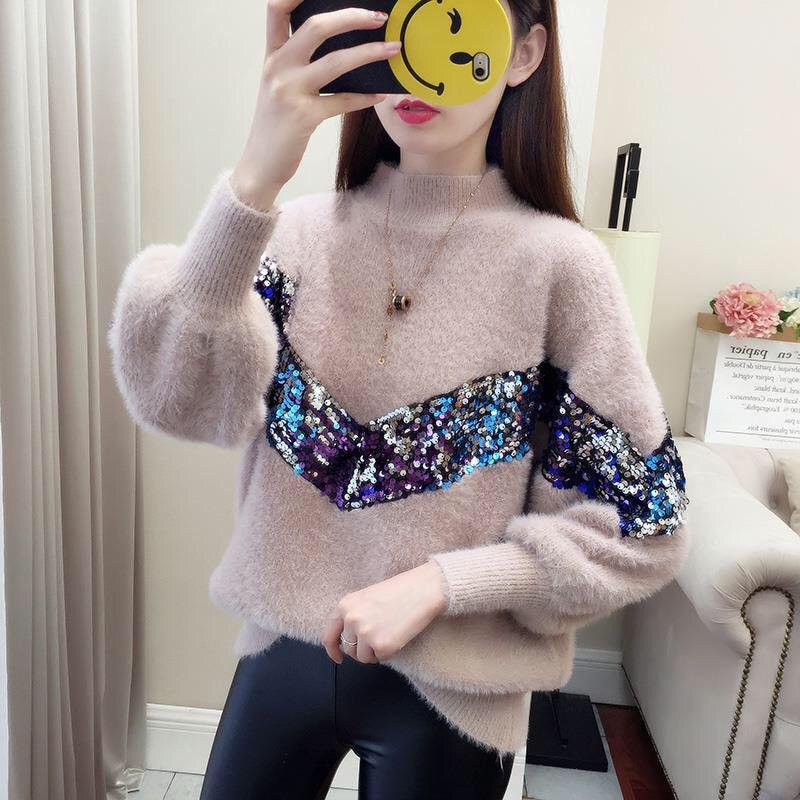 Pofulove women knitted sweater mohair thick pullover top loose half  turtleneck sweater coat Winter jumper pullover