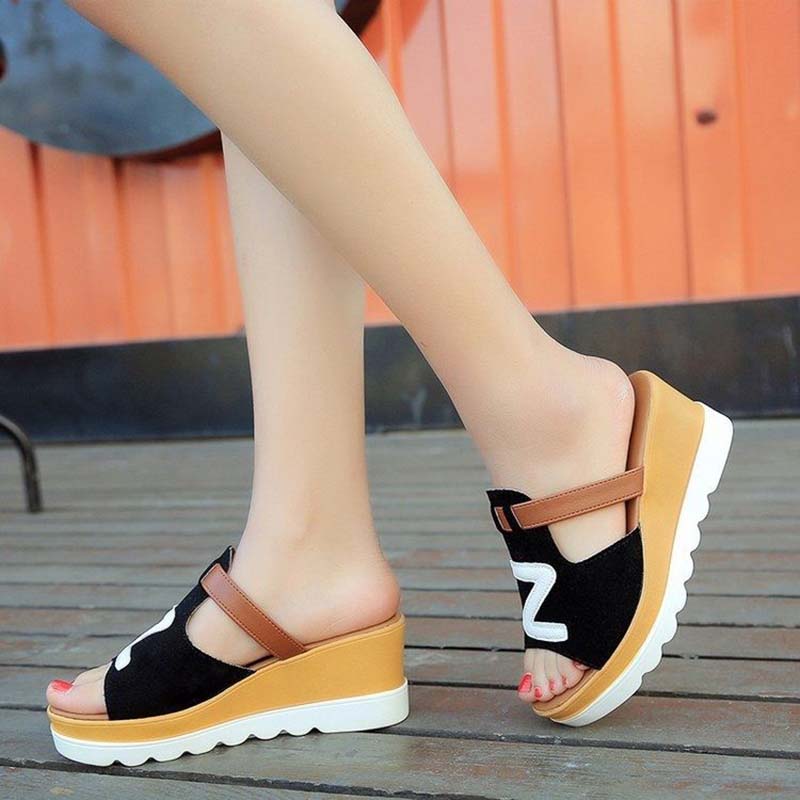 Fish Mouth Sandals and Slippers Women's Summer Frosted Leather Color Matching Thick-soled Sponge Cake Lazy One-word Drag Wedge High-heeled Sandals
