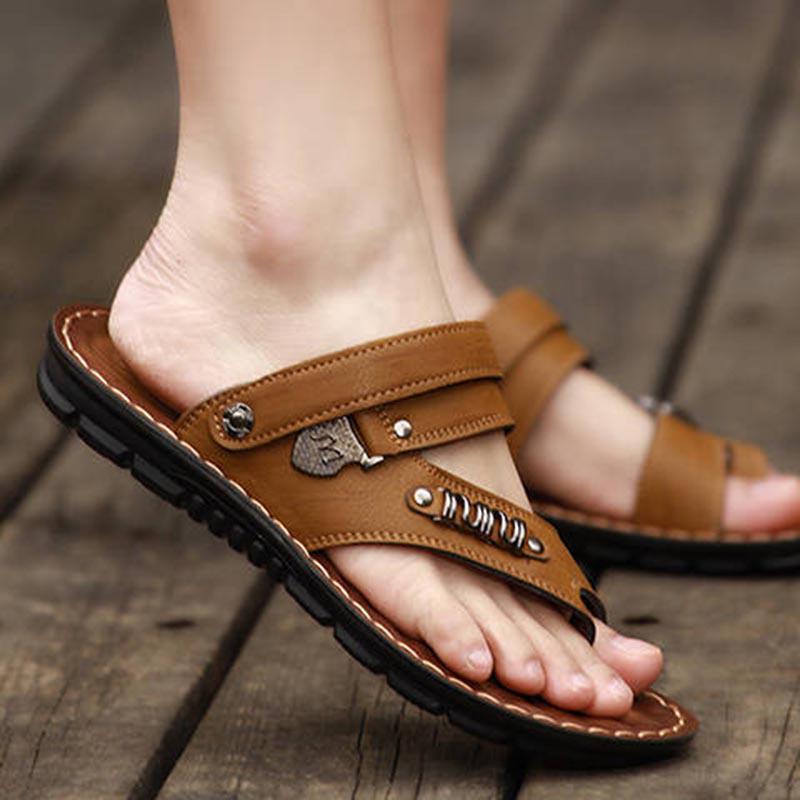 Men's Sandals Fashion Leather Sandals Summer Beach Shoes Casual Shoes Non-Slip Flip Flops Men Shoes