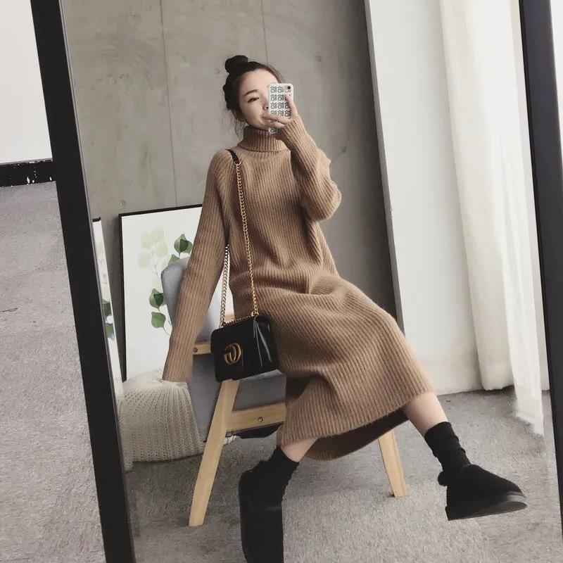 Autumn and Winter Women's Wool Sweater Warm High Neck Sweater Casual Loose Thickening Slimming Over The Knee Long Sweater Knitted Pull Pullover