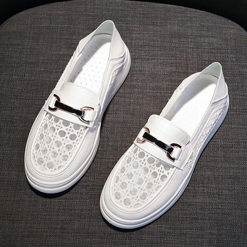 Women's Casual Flat White Shoes All-match Thin Section Breathable Loafers Women's Hollow Leather Shoes Comfortable and Breathable