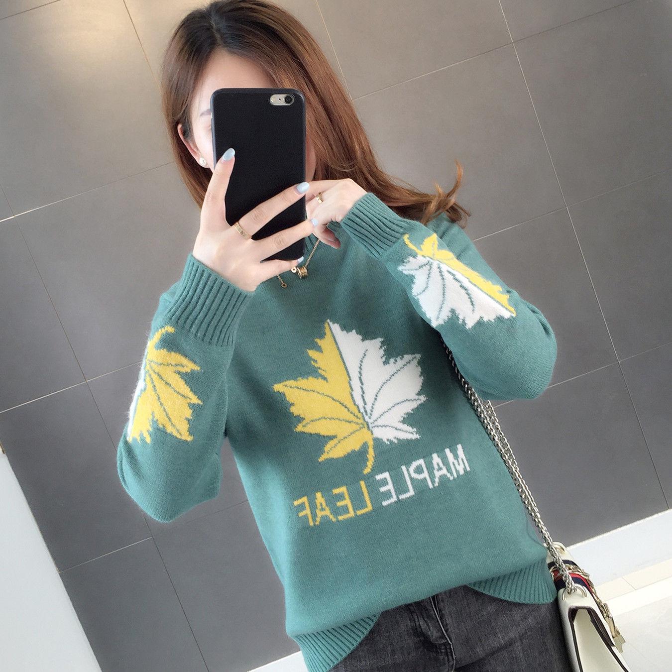 Autumn Winter Women Sweater Half Turtleneck Maple Leaf Knitted Jumper Top Casual Warm Femme Sweater