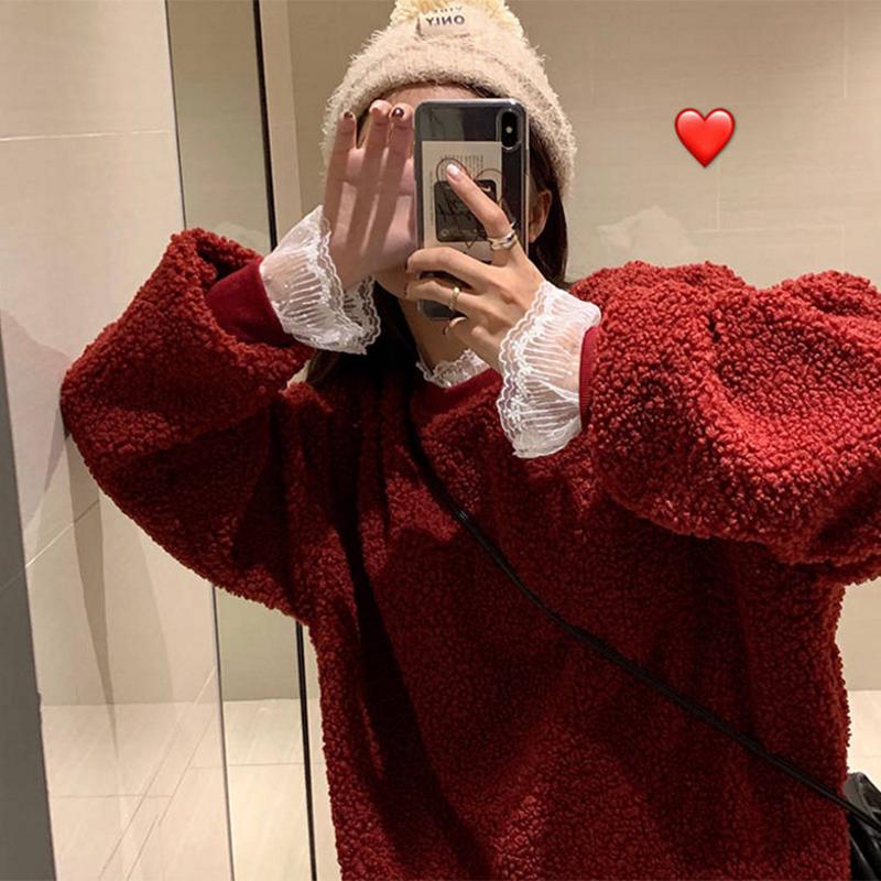 Pofulove Plus Velvet Thickened Lamb Sweater Sweater Women Loose Coat Winter Fake Two Lace Christmas