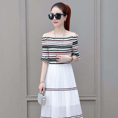 Pofulove S-2XL Women Vintage Off-shoulder A-line Dress Slim Single-neck Mid-length Dress Beach Dress