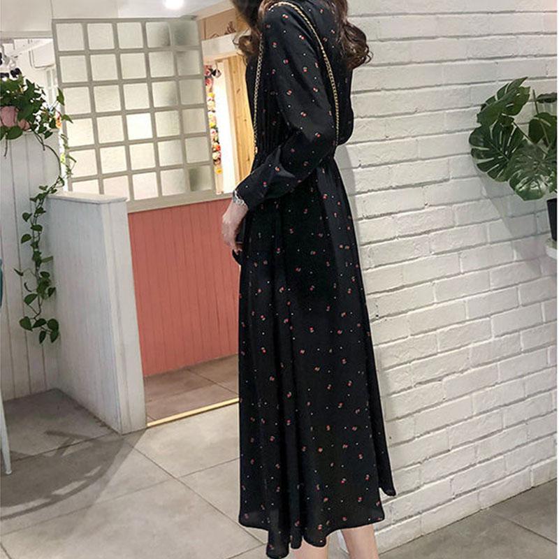 Women's Spring and Autumn Floral Dress Long Sleeve A-Line Stand Collar Mid-length Skirt Shirt Sleeve