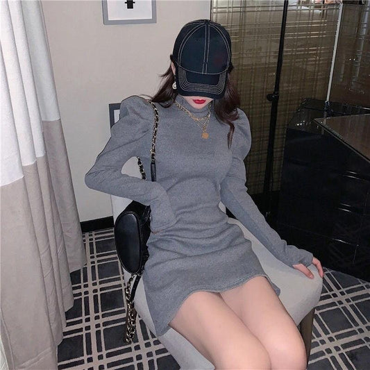 Little Black Dress Sexy Slim Slimming Hip Skirt Half High Neck Long Sleeve Bottoming Knitted Dress Sexy Slim Slimming Hip Skirt