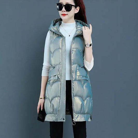 M-XXXL Women's Winter Wash Free Bright Surface Down Cotton Vest Female Warm Hooded Waistcoat Jacket Thickened Sleeveless Vest