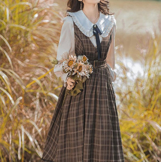 2 Piece Set Dark Academia Dress Double Check Tank Top Skirt and Long Sleeve Shirt Spring Cottagecore Dress French Dress