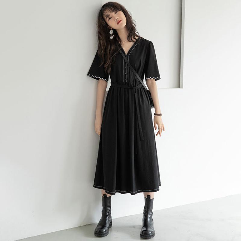 Deep V Neck Summer Dress Sundress Short Sleeve A-Line Ladies Midi Dress Fashion Casual Beach Ol Black Dress for Women