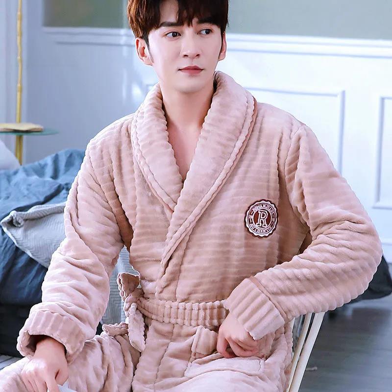 Plus Size Men Cashmere Bathrobe Long Robe Coat Shawl Bathrobe Absorbent and Quick-drying Home Clothes