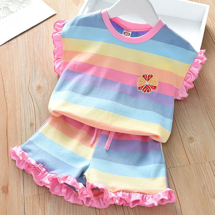 Two-piece Suit Children's Clothing Summer Rainbow Casual Suit Girls Fungus T-shirt Shorts