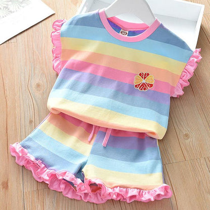 Two-piece Suit Children's Clothing Summer Rainbow Casual Suit Girls Fungus T-shirt Shorts