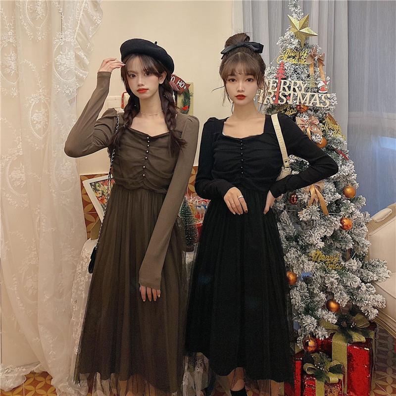 French Dress Korean Style Mid-length Long-sleeved Square Neckline Mesh  Receiving Waist Slim Skirt