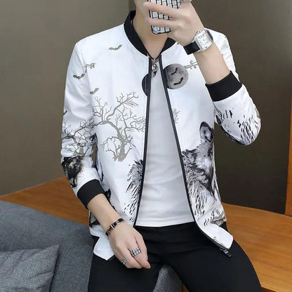 Men's Spring and Autumn Jacket Coat Wolf Printing Casual Jacket Coat Slim Baseball Uniform Sports Top Outerwear