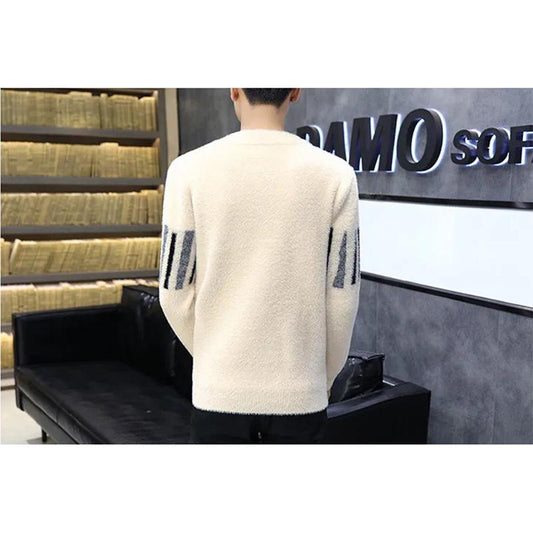 Men's Mink Fleece Crew Neck Sweater Korean Style Autumn and Winter Slim Knit Sweater Shirt Pullover Printing Long Sleeves Top Shirt Soft Sweater
