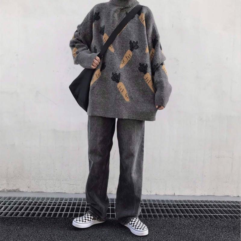 Pofulove Sweater Loose Pattern Wild Sweater Autumn and Winter Coat Tide Turtleneck Colorblock