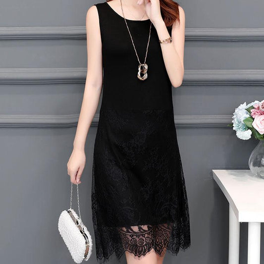 Female Vintage High Waist Casual Dress Elegant Slim Lace Sleeveless A-line Dress Solid Color Base Vest Dress