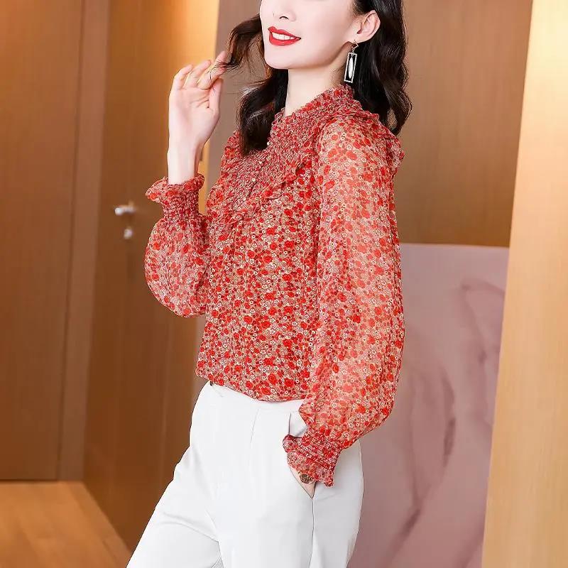 Spring and Autumn Floral Shirt Women's Long-sleeved All-match Chiffon Shirt Top Women