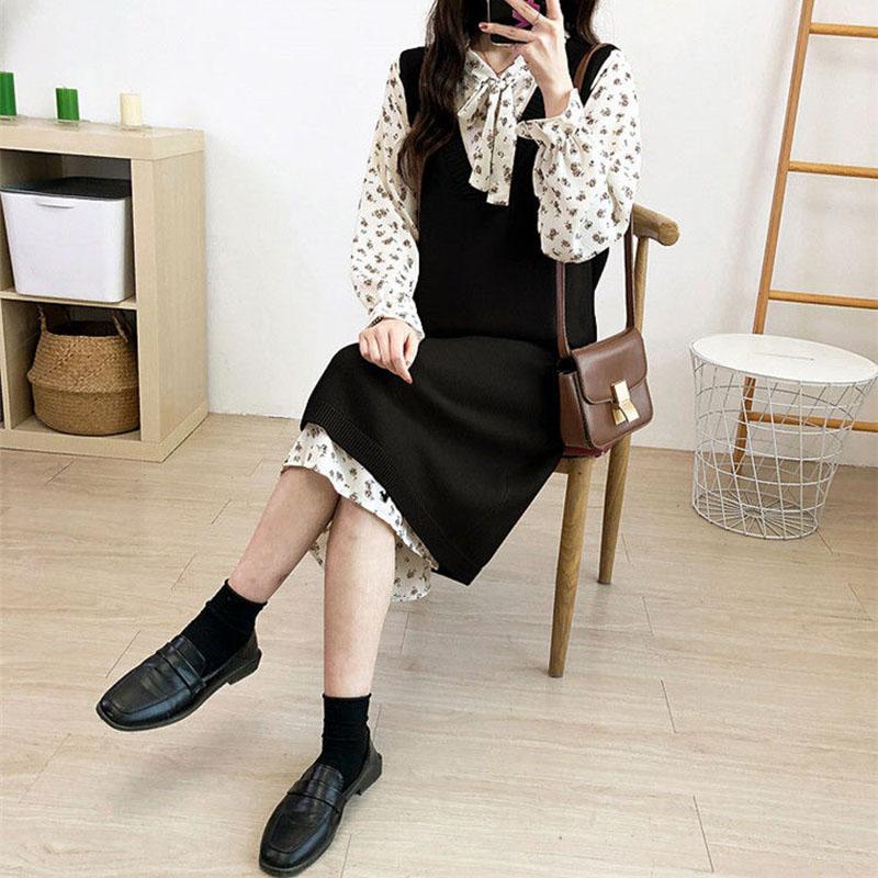 Autumn and Winter Long Knit Bottoming Skirt V-neck Over-the-knee Mid-length Sweater Skirt Loose Casual Women's Vest Skirt