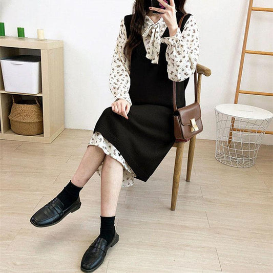 Autumn and Winter Long Knit Bottoming Skirt V-neck Over-the-knee Mid-length Sweater Skirt Loose Casual Women's Vest Skirt