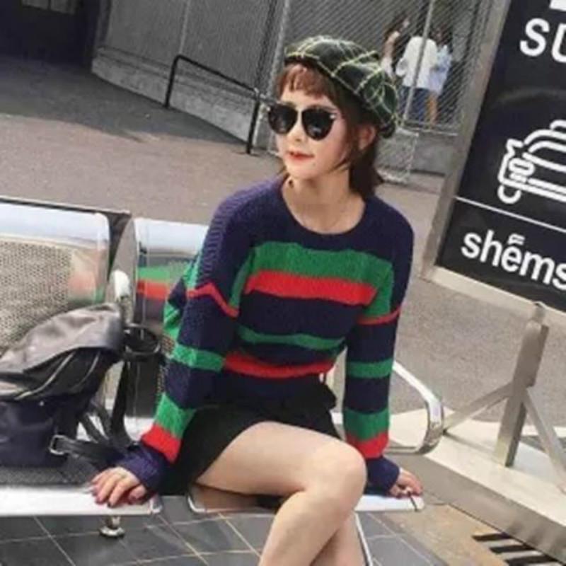 Pofulove Wild Thickened Knit Tide Winter Warm Long Striped Turtleneck Sweater Girl Student Loose