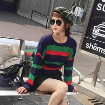 Pofulove Wild Thickened Knit Tide Winter Warm Long Striped Turtleneck Sweater Girl Student Loose