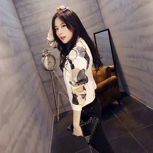 Spring and Summer Plus Size Printing Coat Thin Slim-fit Baseball Uniform Women Short Color-blocking Button Cardigan