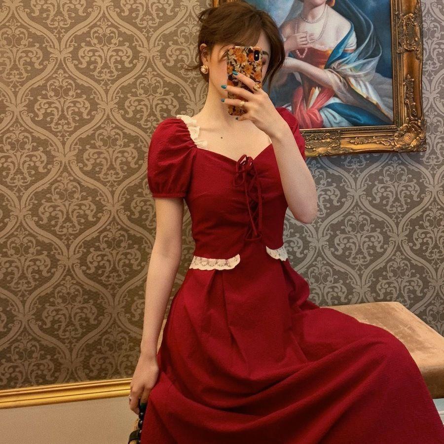 Female Simple Slim Elegant Shoulder Covering French Gentle Romantic Summer Solid Color Long Dress