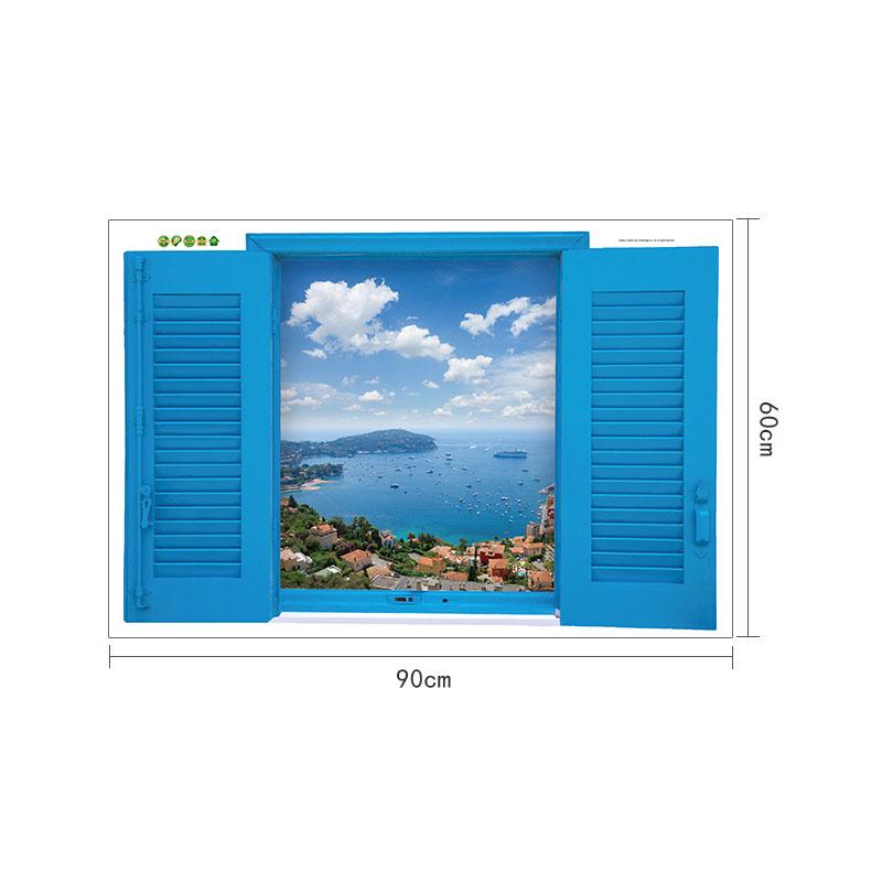 [Wall sticker ]3d Mediterranean Blue False Windows Landscape Wall Stickers Home Decor Living Room In