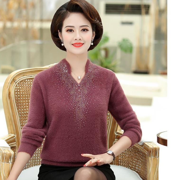 Mink Velvet V-Neck Sweater Fashionable Diamond Slim Fit Knit Sweater Warm Large Size Long Sleeve Knit Sweater