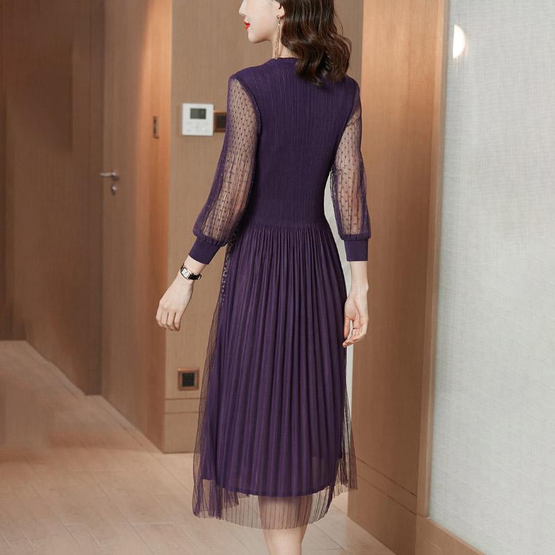 Lace Dress Female Spring Summer V-neck Leopard Print Over The Knee Long Skirt Purple Dress Mid-length Casual Large Size