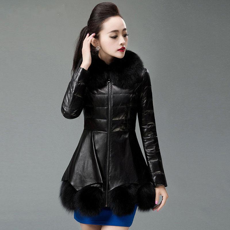 Women's Leather Coat Thickened Warm Fur Coat Winter Slimming Faux Sheepskin Coats with Fox Fur Collar Female Overcoat Outerwear