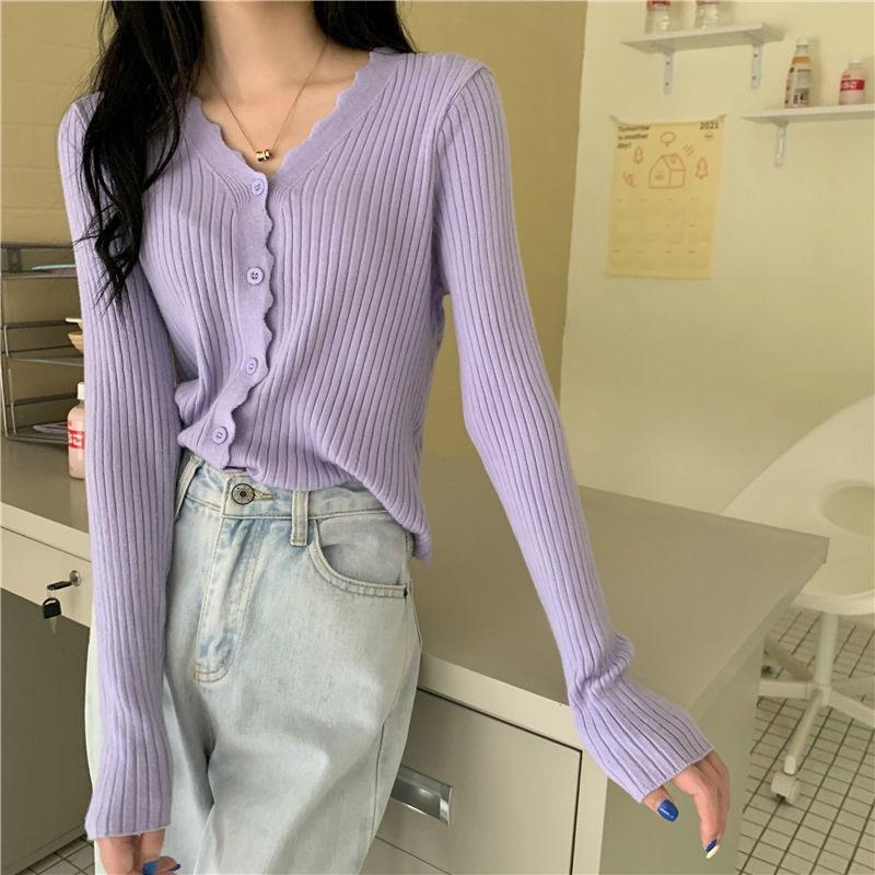 Early Autumn V-neck Sweater Long-sleeved Cardigan Sweater Small Coat All-match Female Gentle Wind Ladies Slim Pure Color Simple Top