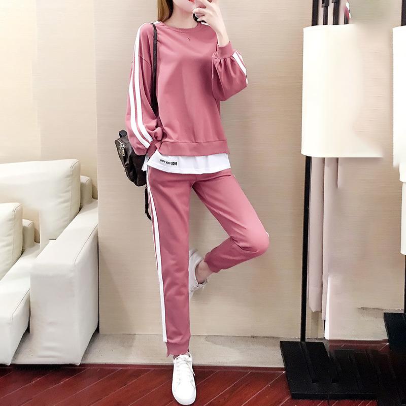 Large Size Thin Sports Suit Female Casual Two-piece Round Neck Long-sleeved Shirt + Casual Sports Pants Loose and Comfortable