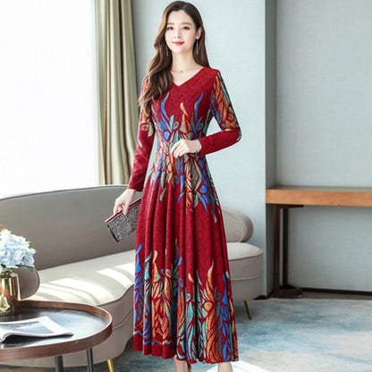 Women's Printed Long Retro Dress V-neck Waist Was Thin Over The Knee Long Skirt