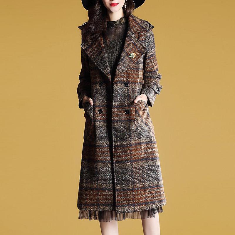 Fashion Over-knee Autumn and Winter Plaid Woolen Coat Mid-length Slim-fitting Belted Woolen Coat Women