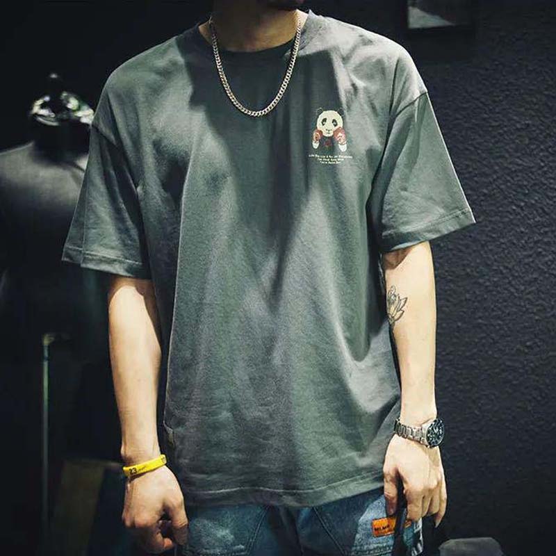 Summer Black Cotton Short-sleeved T-shirt Male Loose Half-sleeved Large Size Wild Panda Print Top