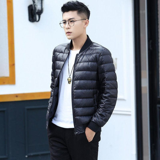 Thick warm outdoor windproof men's down jacket fashion youth trend short-sleeved stand-up collar white duck down men's jacket