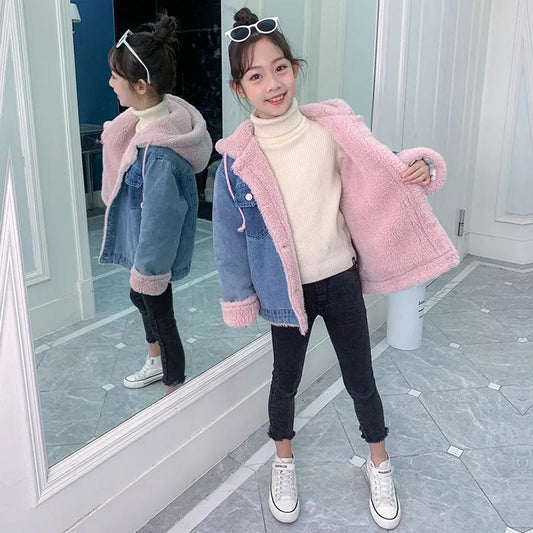 Girls Winter Denim Jacket Plus Velvet Thick Windproof Warm Top