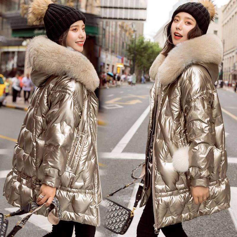 Shiny Winter jacket women casual Parka Coat Cotton coat Big Fur Collar warm loose jacket Parkas