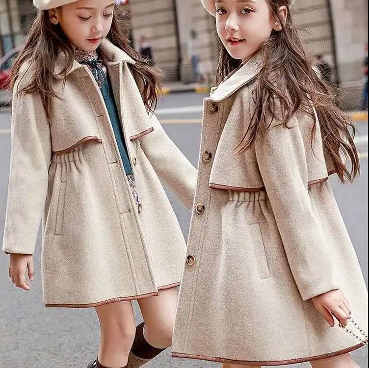 Girls' Woolen Windbreaker Jacket Mid-length Big Children's Autumn and Winter Clothes Korean Style Western Girls Thickened Children Woolen Coat