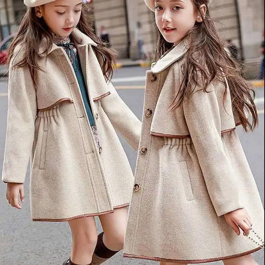 Girls' Woolen Windbreaker Jacket Mid-length Big Children's Autumn and Winter Clothes Korean Style Western Girls Thickened Children Woolen Coat