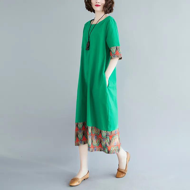 Summer Ethnic Style Print Short-sleeved Dress Large Size Loose Mid-length Dress Women