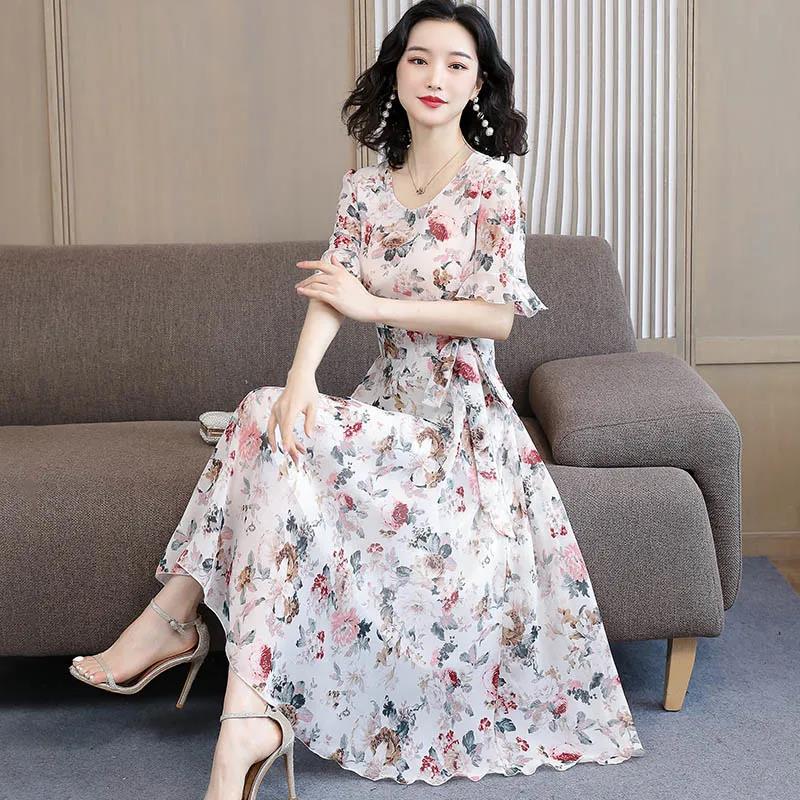 Short-sleeved Chiffon Dress Women's Summer Large Size Waist Was Thin and Long Round Neck Floral Skirt Fashionable Temperament