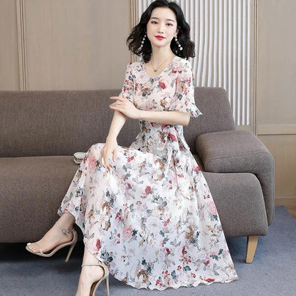 Short-sleeved Chiffon Dress Women's Summer Large Size Waist Was Thin and Long Round Neck Floral Skirt Fashionable Temperament