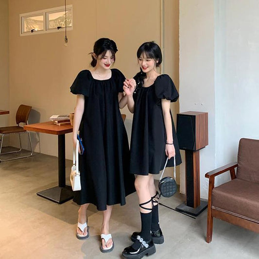 Square Neck Puff Sleeve Dress Women Summer French Retro Dress Design Women's Sweet Loose A-line Casual Mid-length Dress Skirt Length 105CM