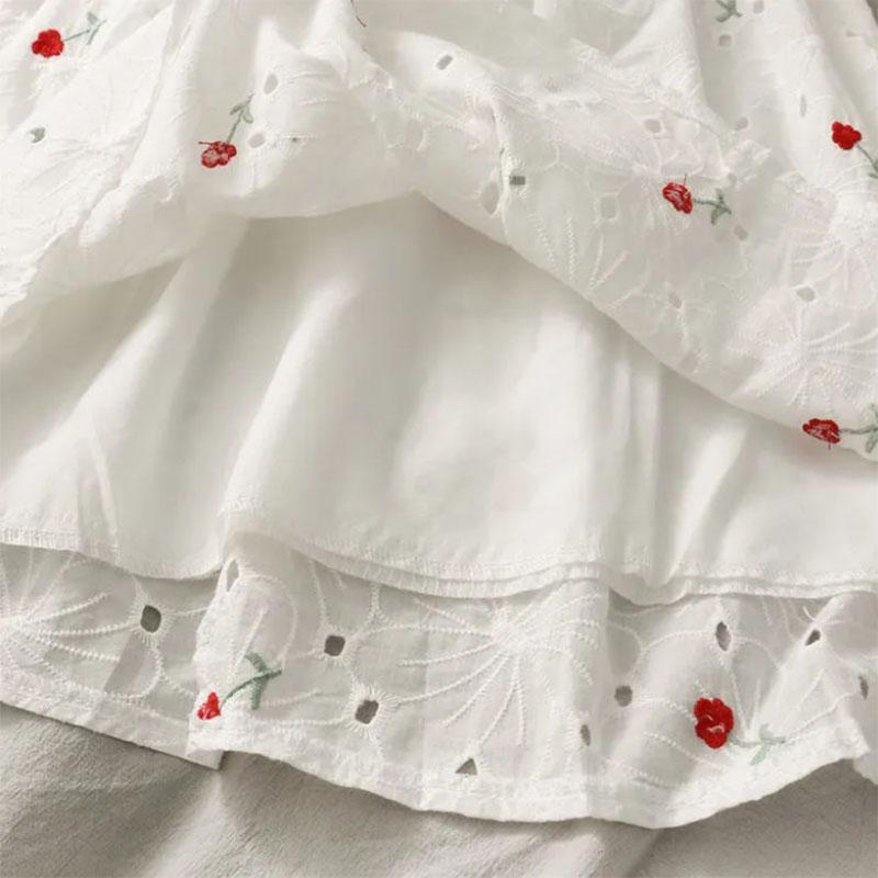 French Niche Fairy Embroidery Short-sleeved Dress V-neck Drawstring High-end Skirt
