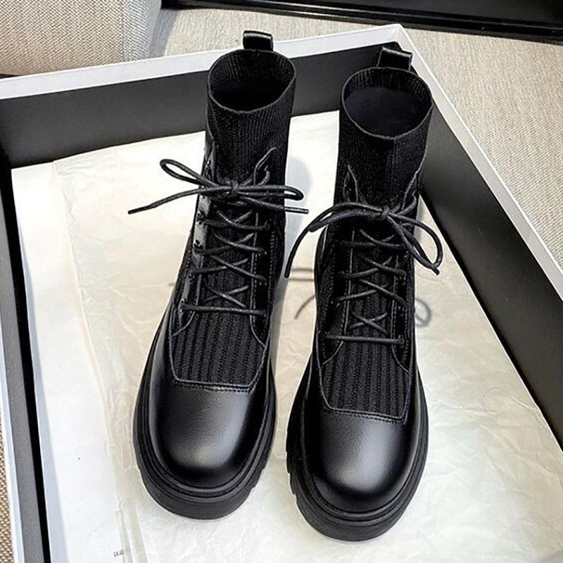 Martin Boots Women's Spring and Autumn Boots Korean Style Wild Breathable British Style Lace-up Ankle Plush Boots