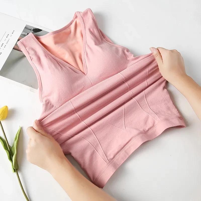 Thermal Underwear Women Velvet Warm Body Tops Vest Sleeveless Slim Seamless V Neck Solid Color Tank Top Sexy Winter Thremo