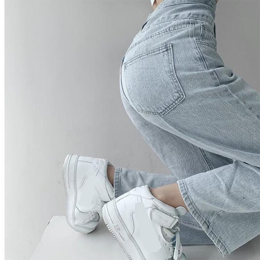 Retro High-waisted Breasted Jeans Women's Drape Loose Straight Wide-leg Trousers Casual All-match Thin Mopping Pants